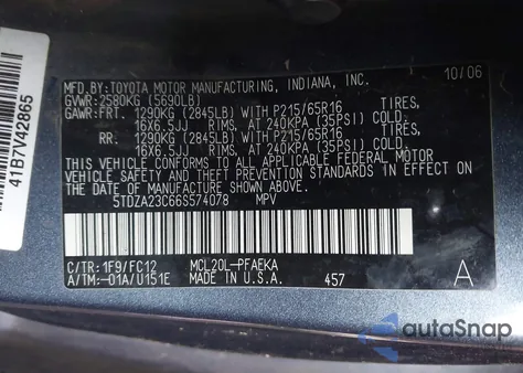 2006 Toyota Sienna Le из США, поврежденный, VIN 5TDZA23C66S574078